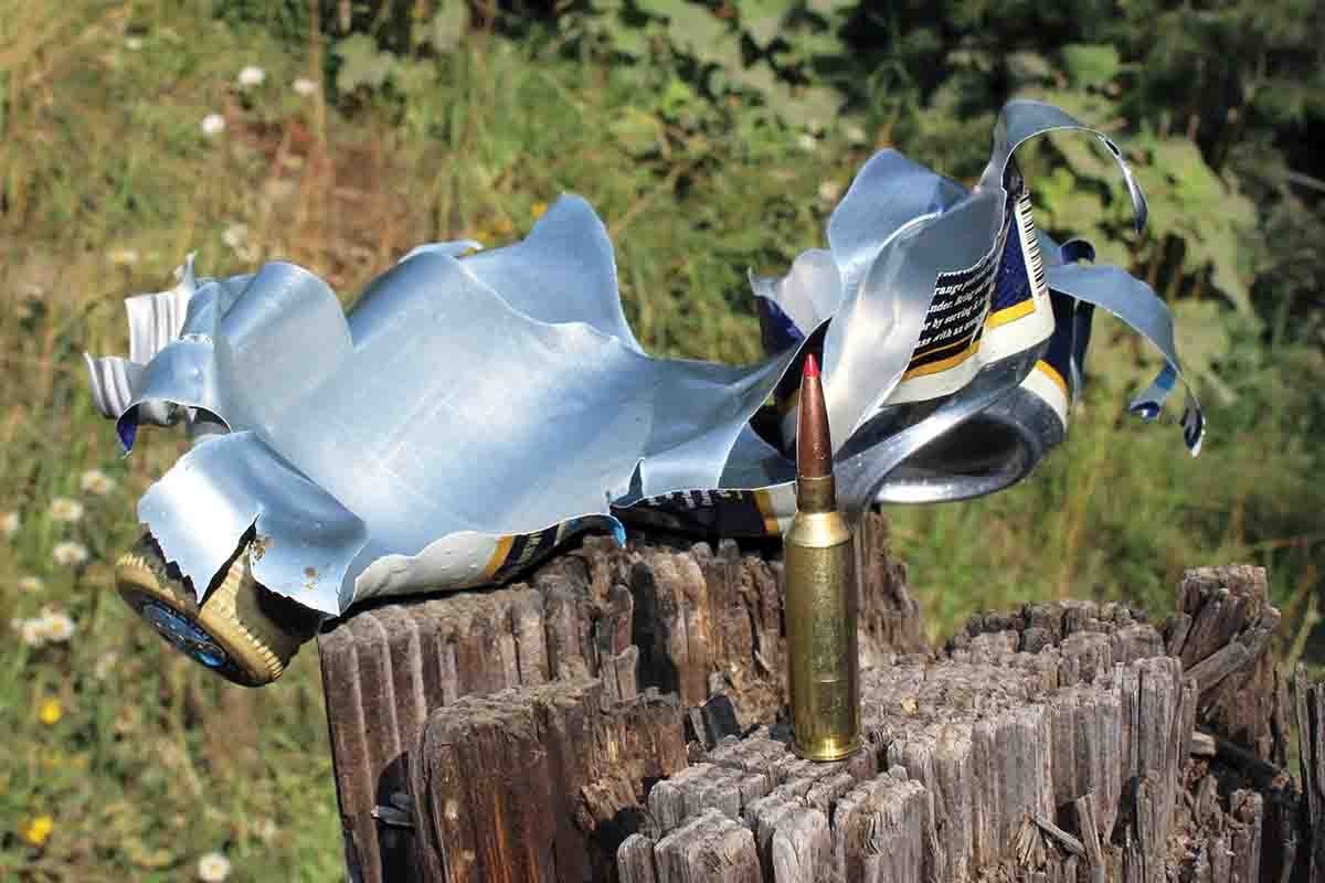 Patrick was curious to see if Hornady’s 80-grain ELD Match might expand on smaller varmints. He shot this water-filled aluminum can at 200 yards. The bullet demonstrated excellent expansion.